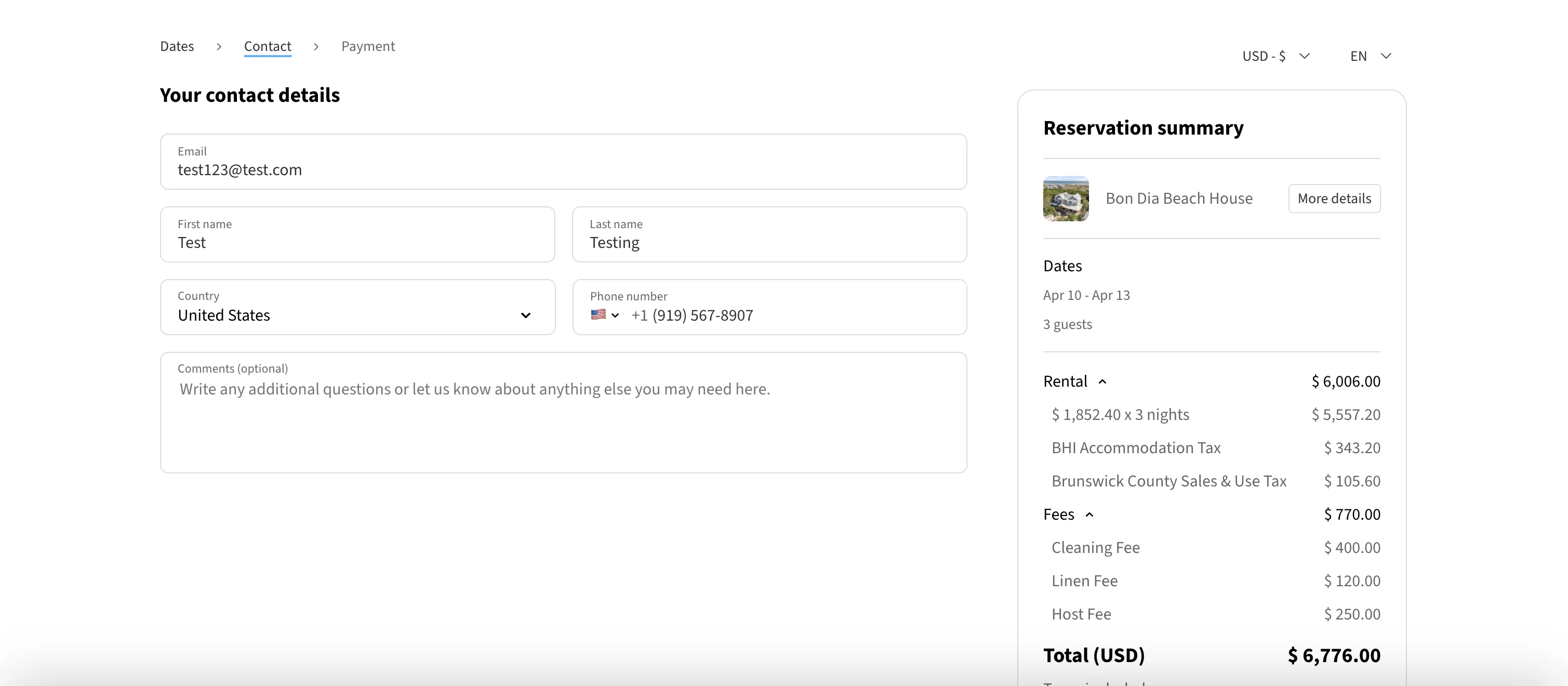 Bon Dia Beach House booking flow